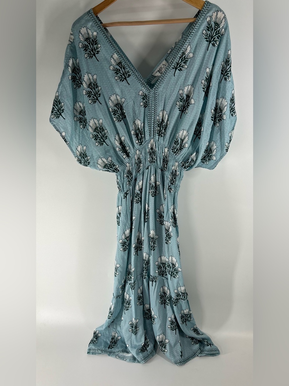 Omika Dusty Blue Floral V‑Neck Maxi Dress with Smocked Waist
